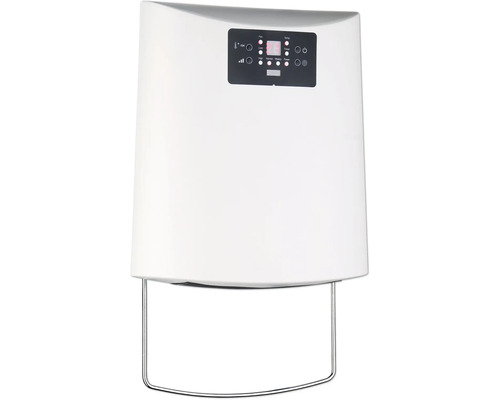 Nástenný kúpeľňový teplovzdušný ventilátor v bielej farbe s držiakom na uteráky a digitálnym displejom na reguláciu teploty.