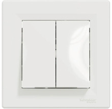 Biely štvorcový dvojitý vypínač Schneider Electric s Schneider Electric Logo.