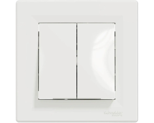 Biely štvorcový dvojitý vypínač Schneider Electric s Schneider Electric Logo.