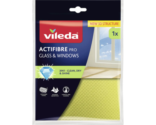 Vileda Logo. Utierka z mikrovlákna Vileda Actifibre Pro na sklo a okná. Čistenie 3 v 1 bez chemikálií s vysokou savosťou. Nová 3D štruktúra.