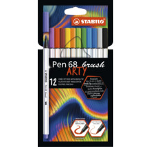 STABILO Pen 68 brush ARTY, súprava 12 prémiových fixiek s flexibilným štetcovým hrotom pre hrubé aj tenké línie, vodou riediteľný atrament.