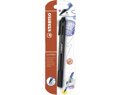 Logo Stabilo, fixka pointMax so stredným hrotom, šírka stopy nula celá osem milimetrov.