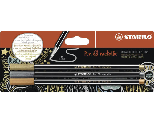 Metalické fixky Stabilo Pen 68, balenie 3 kusy, stredný hrot circa 1,4 milimetra, ideálne na kreatívnu tvorbu na tmavom papieri.