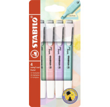 Zvýrazňovače Stabilo swing cool Pastel, 4 kusy. Štíhle perá s klipom, hrot 1 a 4 milimetre, ochrana proti vysychaniu 4 hodiny. Logo Stabilo.