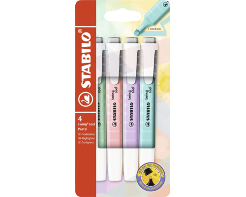 Zvýrazňovače Stabilo swing cool Pastel, 4 kusy. Štíhle perá s klipom, hrot 1 a 4 milimetre, ochrana proti vysychaniu 4 hodiny. Logo Stabilo.