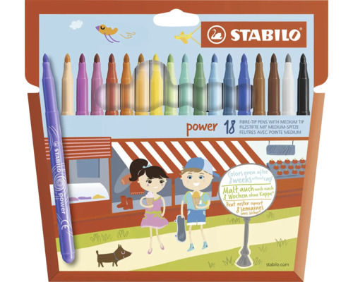 Fixky Stabilo Power sada 18 kusov so stredným hrotom, ochrana proti vysychaniu až 8 týždňov bez vrchnáka, Stabilo Logo
