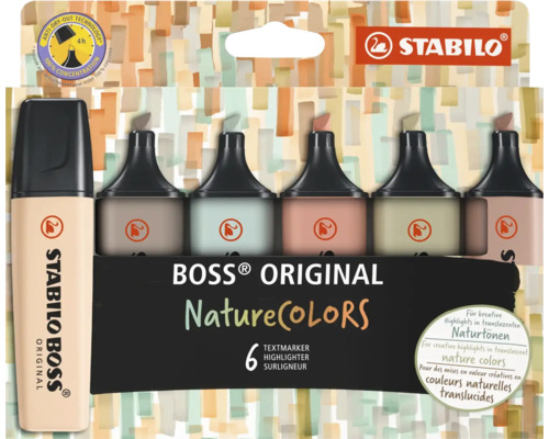 Stabilo Boss Original NatureColors zvýrazňovače v balení po šiestich kusoch s technológiou proti vysychaniu pre značenie v prírodných tónoch.