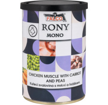 Konzerva pre psov Falco Rony Mono, kuracia svalovina s mrkvou a hráškom. Falco Logo.