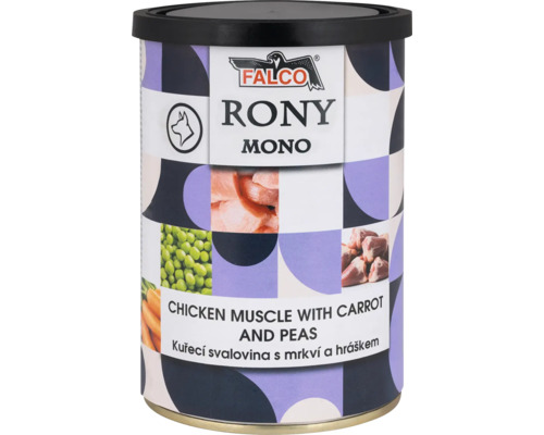Konzerva pre psov Falco Rony Mono, kuracia svalovina s mrkvou a hráškom. Falco Logo.