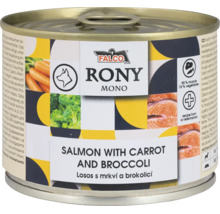 Konzerva pre psov Falco Rony Mono Losos s mrkvou a brokolicou, Falco Logo, krmivo s 90 percentami svaloviny a receptúrou od veterinára.