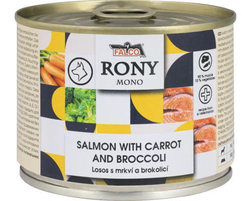 Konzerva pre psov Falco Rony Mono Losos s mrkvou a brokolicou, Falco Logo, krmivo s 90 percentami svaloviny a receptúrou od veterinára.
