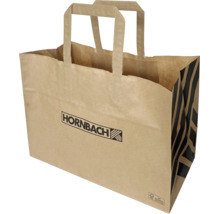 Hnedá papierová nákupná taška s Hornbach Logo, čiernymi pruhmi, plochými uškami a certifikáciou pre udržateľné lesné hospodárstvo.
