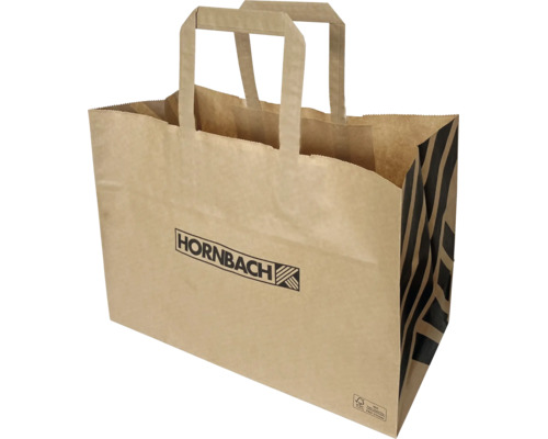 Hnedá papierová nákupná taška s Hornbach Logo, čiernymi pruhmi, plochými uškami a certifikáciou pre udržateľné lesné hospodárstvo.