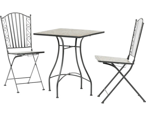 Záhradný bistro set pozostávajúci zo štvorcového stola a dvoch skladacích stoličiek z kovu so vzhľadom kamennej mozaiky.