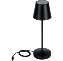 Čierna stolná LED lampa s akumulátorom, kužeľovým tienidlom, nabíjacím káblom USB a dotykovým spínačom na hornej strane.