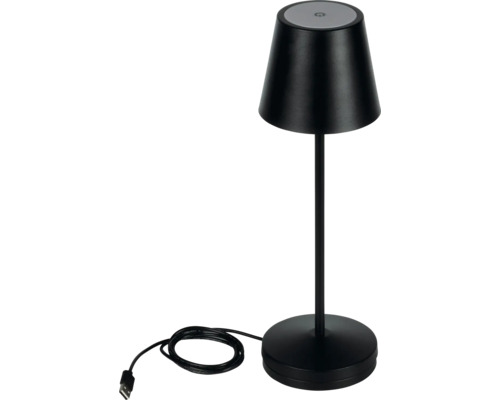 Čierna stolná LED lampa s akumulátorom, kužeľovým tienidlom, nabíjacím káblom USB a dotykovým spínačom na hornej strane.