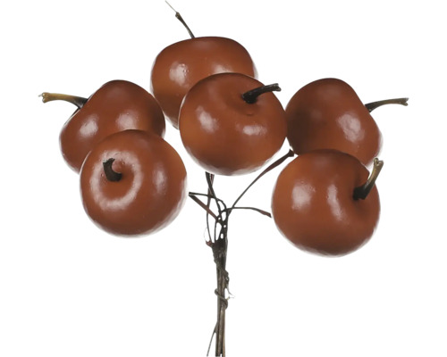Umelé hnedé jablká na stonke pre jesennú dekoráciu.