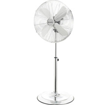 Výškovo nastaviteľný stojanový ventilátor z kovu s okrúhlou základňou a ochrannou mriežkou.