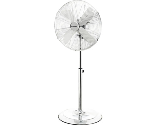 Výškovo nastaviteľný stojanový ventilátor z kovu s okrúhlou základňou a ochrannou mriežkou.