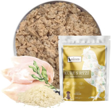 Mokré krmivo pre psov Mixano, kura s ryžou a morskými riasami, 300 gramové vrecúško s vyobrazením surovín.