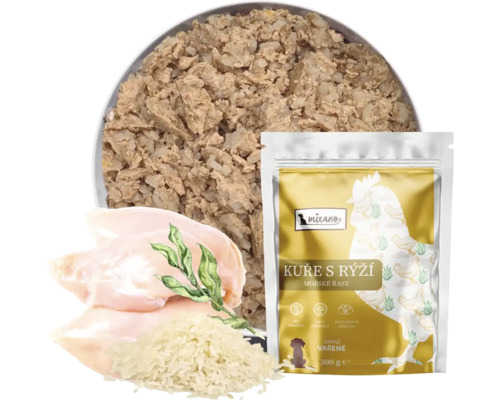 Mokré krmivo pre psov Mixano, kura s ryžou a morskými riasami, 300 gramové vrecúško s vyobrazením surovín.