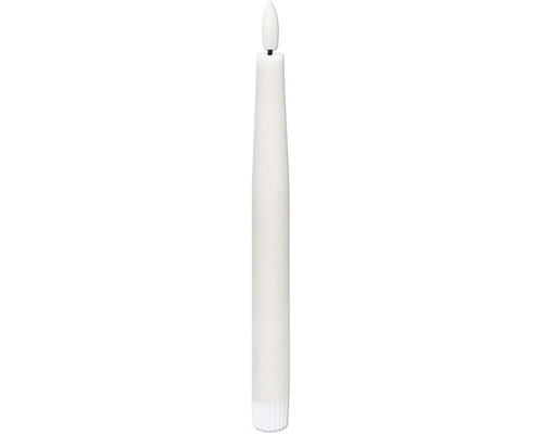 Biela LED tyčová sviečka s hrotom v tvare plameňa.