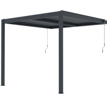 Tmavosivá hliníková pergola s nastaviteľnou lamelovou strechou a ručnými kľukami.