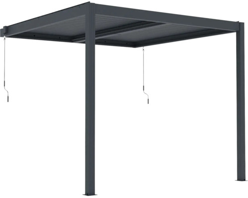 Hliníková pergola v antracitovej farbe s lamelovou strechou a ručnými kľukami.