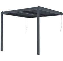 Hliníková pergola s nastaviteľnou lamelovou strechou a ručnou kľukou v antracitovej farbe.