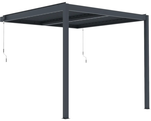 Pergola s nastaviteľnou lamelovou strechou a ručnými kľukami na ovládanie lamiel.