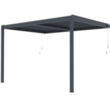 Pergola s nastaviteľnou lamelovou strechou a ručnou kľukou z tmavosivého hliníka.