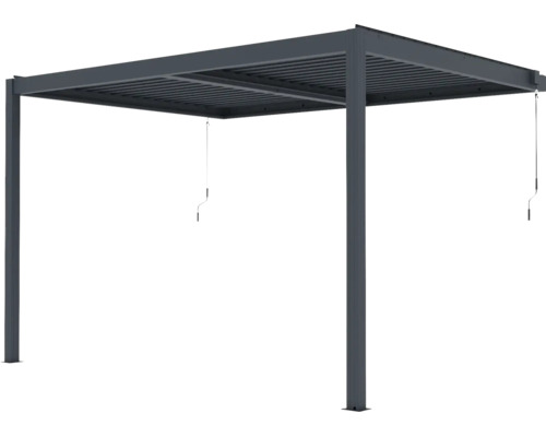 Pergola s nastaviteľnou lamelovou strechou a ručnou kľukou z tmavosivého hliníka.