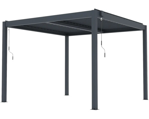 Hliníková pergola v antracitovej farbe s nastaviteľnou lamelovou strechou a ručnou kľukou.