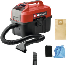 Akumulátorový mokro-suchý vysávač Einhell so sacou hadicou, štrbinovou hubicou, kefovou hubicou, papierovým vreckom a filtrami.