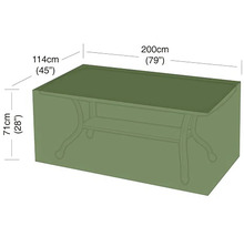 Ochranný kryt na záhradný stôl s rozmermi 200 centimetrov dĺžky, 114 centimetrov šírky a 71 centimetrov výšky.