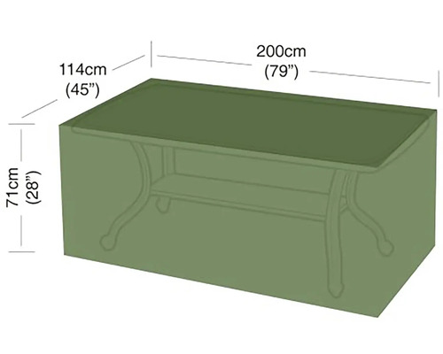 Ochranný kryt na záhradný stôl, rozmery 200 krát 114 krát 71 centimetrov.