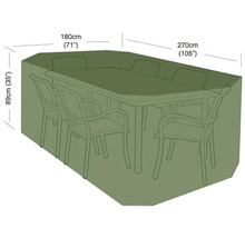 Ochranný kryt na záhradný nábytok s rozmermi 270 na 180 na 89 centimetrov.