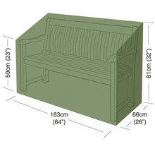 Ochranný obal na záhradnú lavicu, rozmery 163 centimetrov krát 66 centimetrov, výška vzadu 81 centimetrov a vpredu 59 centimetrov.