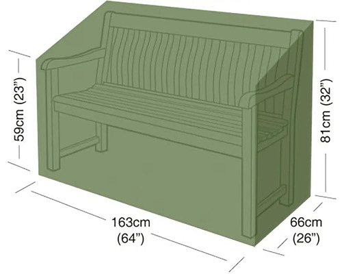 Ochranný obal na záhradnú lavicu, rozmery 163 centimetrov krát 66 centimetrov, výška vzadu 81 centimetrov a vpredu 59 centimetrov.