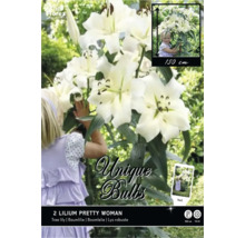 Biela stromová ľalia Lilium Pretty Woman, dve cibuľky, výška až 150 centimetrov, doba kvitnutia júl až september, Florex Logo.