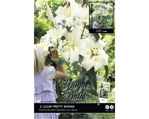 Biela stromová ľalia Lilium Pretty Woman, dve cibuľky, výška až 150 centimetrov, doba kvitnutia júl až september, Florex Logo.