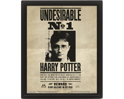 Zarámovaný plagát Harry Potter Undesirable číslo 1 vo vintage štýle s čiernym rámom.