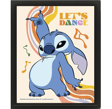 Zarámovaný plagát s Disney postavičkou Stitch pri tanci, farebnými vlnovkami, nápisom Lets Dance a Disney Logo.