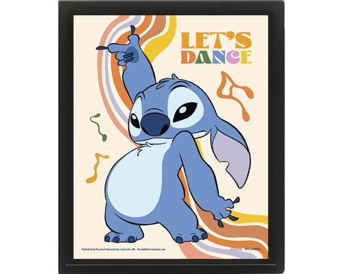 Zarámovaný plagát s Disney postavičkou Stitch pri tanci, farebnými vlnovkami, nápisom Lets Dance a Disney Logo.