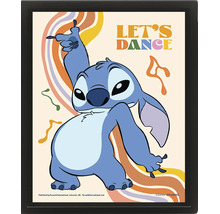 Zarámovaný plagát s postavou Disney Stitch, nápis Let's Dance a retro vlnitý vzor.