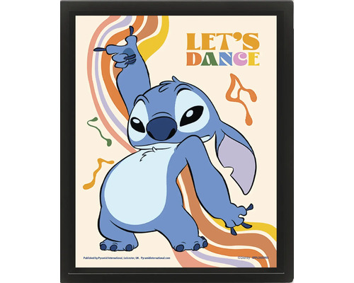 Zarámovaný plagát s postavou Disney Stitch, nápis Let's Dance a retro vlnitý vzor.
