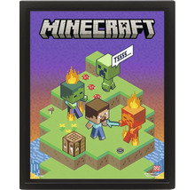 Obraz Minecraft v ráme so Stevom, Creeperom, Zombiom a pracovným stolom v pixelovom štýle