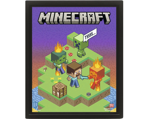 Obraz Minecraft v ráme so Stevom, Creeperom, Zombiom a pracovným stolom v pixelovom štýle