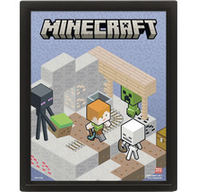 Zarámovaný plagát Minecraft s postavami Alex, Enderman, Creeper a kostlivec v izometrickej hernej scéne.