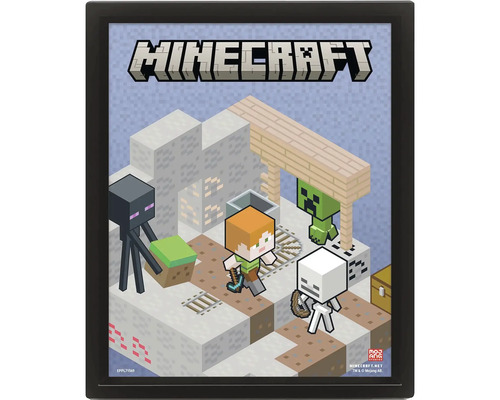 Zarámovaný plagát Minecraft s postavami Alex, Enderman, Creeper a kostlivec v izometrickej hernej scéne.